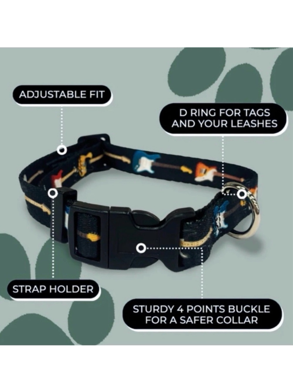 Perri's Fender Guitar Size Large (56-70 lbs) Pet Logo Dog Collar Black New W Tag